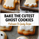 Cute ghost-shaped sugar cookies decorated with white icing on a Halloween baking tray.